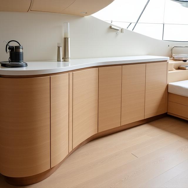 Mobili curvi su misura e tavolo trasformabile in yacht