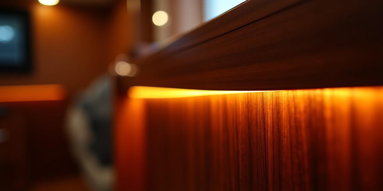 Particolare di illuminazione LED integrata in boiserie di mogano